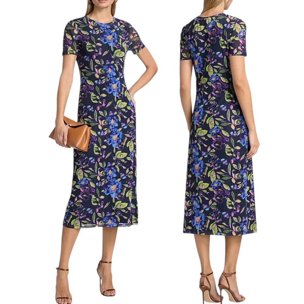 Ramy Brook, Women's 'Kamila' Painted Floral Mesh Midi-Dress, Navy Blue, Medium